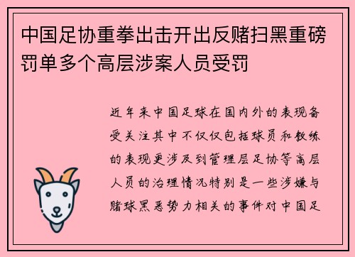 中国足协重拳出击开出反赌扫黑重磅罚单多个高层涉案人员受罚